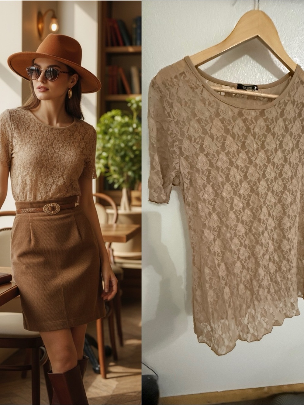 Star Vixen Beige Floral Lace Sheer Blouse Top Women’s L Romantic Boho